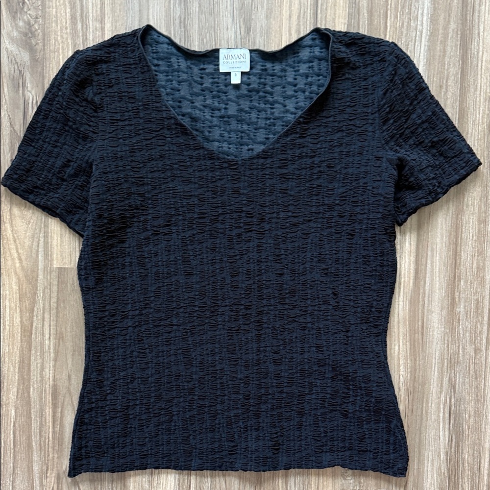 Armani Collezioni Womens Black Short Sleeved Textured Tee Top Sz 6